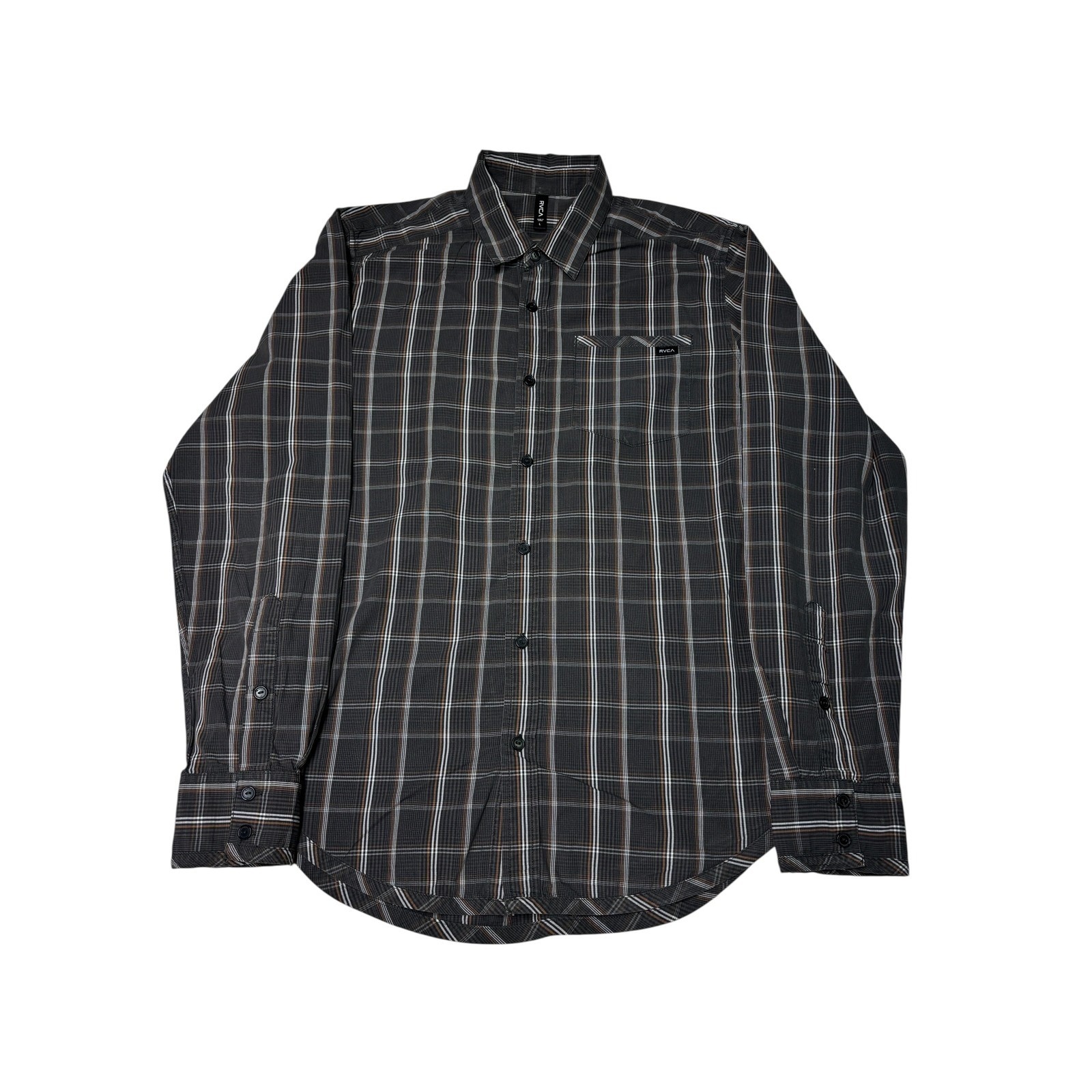 Rvca Mens Plaid Button Up Long Sleeve Shirt Brown Gray White Large